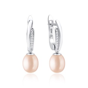 Cercei perle naturale roz piersica de argint cu pietre si tortita DiAmanti SK22217EL_P-G (Argint 925‰ 2,15 g.)